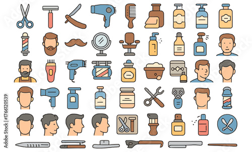 Barbershop and grooming icons — haircut, beard, hair styling and shaving tools set