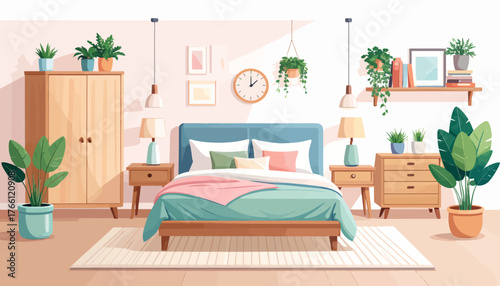 Bedroom interior flat color vector illustration. Cozy living room. Residential lifestyle. Double sized bed. Household room with furniture. Modern home 2D cartoon interior with furnishing on background
