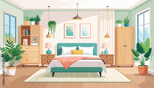 Bedroom interior flat color vector illustration. Cozy living room. Residential lifestyle. Double sized bed. Household room with furniture. Modern home 2D cartoon interior with furnishing on background