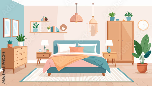 Bedroom interior flat color vector illustration. Cozy living room. Residential lifestyle. Double sized bed. Household room with furniture. Modern home 2D cartoon interior with furnishing on background