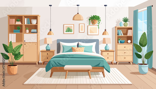 Bedroom interior flat color vector illustration. Cozy living room. Residential lifestyle. Double sized bed. Household room with furniture. Modern home 2D cartoon interior with furnishing on background