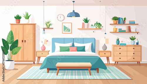 Bedroom interior flat color vector illustration. Cozy living room. Residential lifestyle. Double sized bed. Household room with furniture. Modern home 2D cartoon interior with furnishing on background