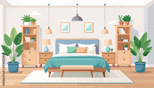 Bedroom interior flat color vector illustration. Cozy living room. Residential lifestyle. Double sized bed. Household room with furniture. Modern home 2D cartoon interior with furnishing on background