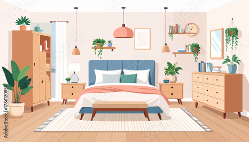 Bedroom interior flat color vector illustration. Cozy living room. Residential lifestyle. Double sized bed. Household room with furniture. Modern home 2D cartoon interior with furnishing on background