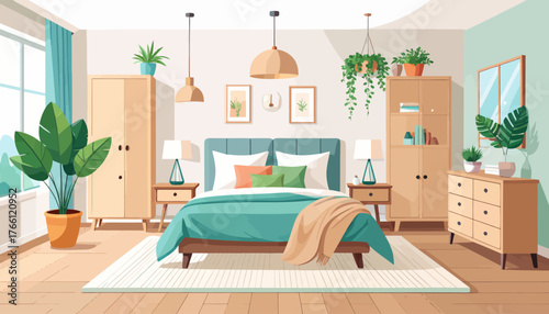 Bedroom interior flat color vector illustration. Cozy living room. Residential lifestyle. Double sized bed. Household room with furniture. Modern home 2D cartoon interior with furnishing on background