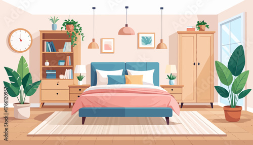 Bedroom interior flat color vector illustration. Cozy living room. Residential lifestyle. Double sized bed. Household room with furniture. Modern home 2D cartoon interior with furnishing on background