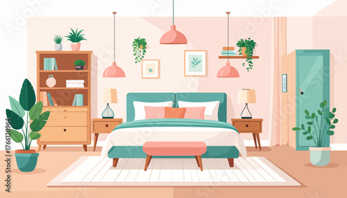Bedroom interior flat color vector illustration. Cozy living room. Residential lifestyle. Double sized bed. Household room with furniture. Modern home 2D cartoon interior with furnishing on background