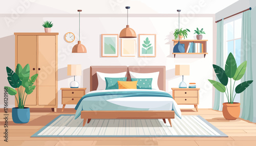 Bedroom interior flat color vector illustration. Cozy living room. Residential lifestyle. Double sized bed. Household room with furniture. Modern home 2D cartoon interior with furnishing on background