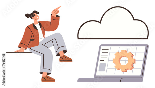 Woman pointing toward outlined cloud above laptop displaying a gear icon on a grid interface. Ideal for technology, cloud computing, data management, innovation, problem-solving, collaboration