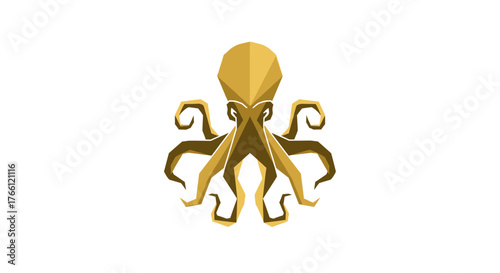 A golden polygonal octopus with intricate tentacles on a clean white background, rendered in a low-poly geometric art style.