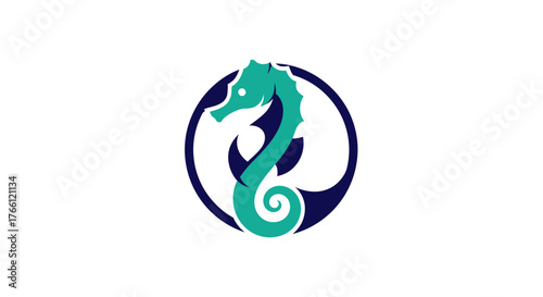 Logo of a seahorse inside a circle, in green and blue colors.
