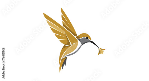 A stylized golden hummingbird with outstretched wings holds a small star in its beak.