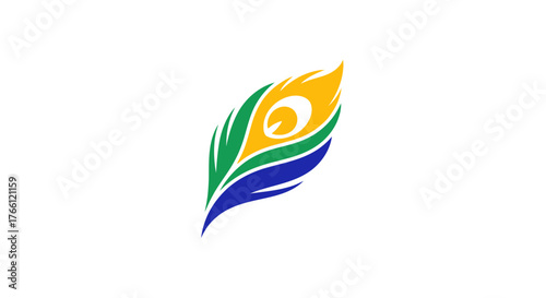 A stylized graphic of a peacock feather with vibrant yellow, green, and blue colors on a white background, resembling a modern logo design.