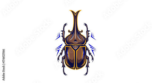 Illustration of a brown beetle with a large horn, detailed and artistic, set against a white background.