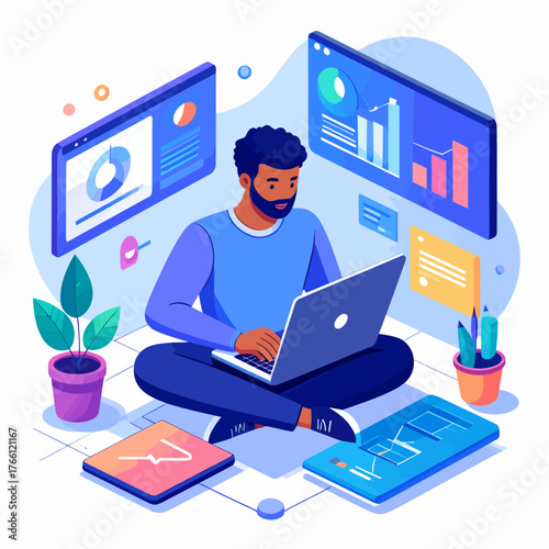 Copywriting & content marketing isometric illustration. Home based copywriter, content writer, freelancer. SMM manager, digital marketer create advertising post. Blogging, article writing 3d concept
