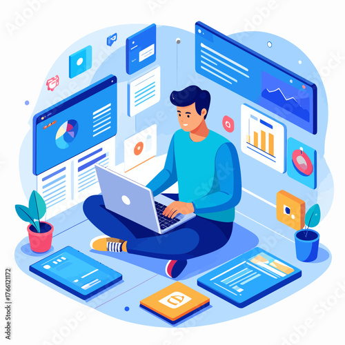 Copywriting & content marketing isometric illustration. Home based copywriter, content writer, freelancer. SMM manager, digital marketer create advertising post. Blogging, article writing 3d concept