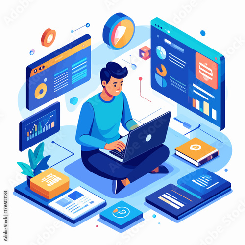 Copywriting & content marketing isometric illustration. Home based copywriter, content writer, freelancer. SMM manager, digital marketer create advertising post. Blogging, article writing 3d concept