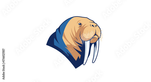 A detailed illustration of a walrus head, showcasing its tusks and distinctive features against a white background.