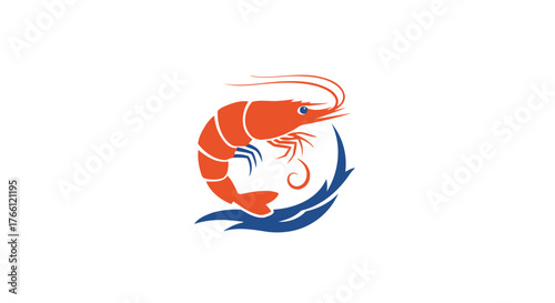 A vibrant orange shrimp is depicted in a circular logo design with blue waves at the bottom.