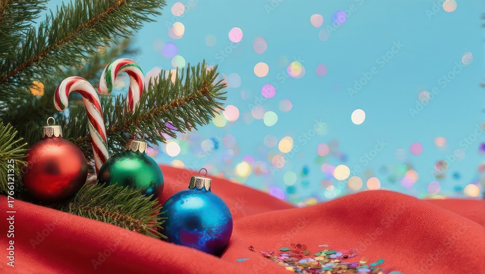 Naklejka premium Festive Christmas Arrangement with Ornaments and Candy Canes on Red Fabric.