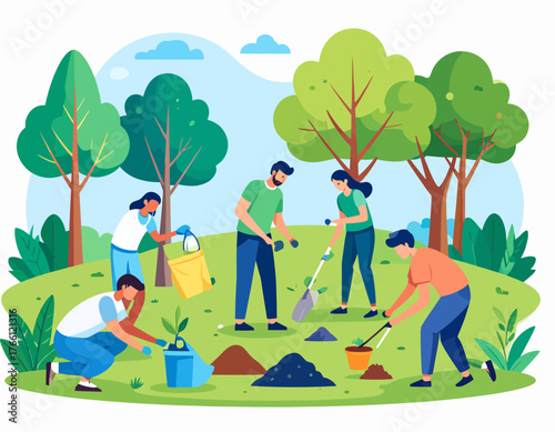 Community work day flat vector illustration. Volunteers, activists isolated cartoon characters on white background. Young people cleaning garbage and planting trees. Environment protection concept
