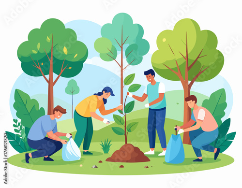 Community work day flat vector illustration. Volunteers, activists isolated cartoon characters on white background. Young people cleaning garbage and planting trees. Environment protection concept
