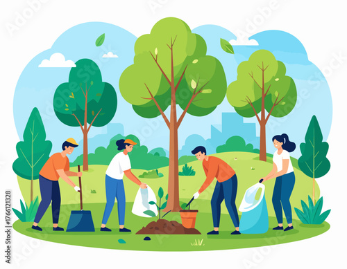 Community work day flat vector illustration. Volunteers, activists isolated cartoon characters on white background. Young people cleaning garbage and planting trees. Environment protection concept
