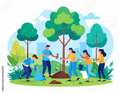 Community work day flat vector illustration. Volunteers, activists isolated cartoon characters on white background. Young people cleaning garbage and planting trees. Environment protection concept
