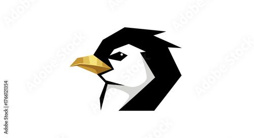 A modern, geometric logo design of a penguin's head with a golden beak on a white background.