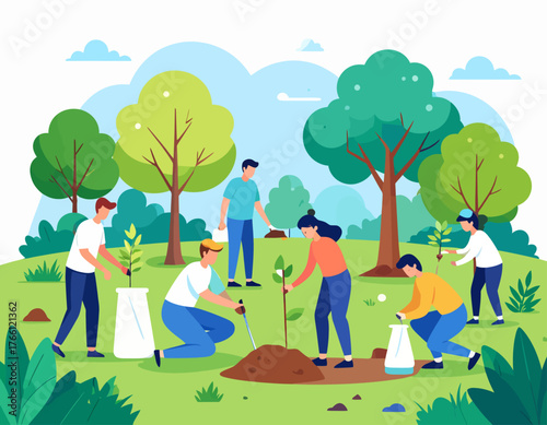 Community work day flat vector illustration. Volunteers, activists isolated cartoon characters on white background. Young people cleaning garbage and planting trees. Environment protection concept
