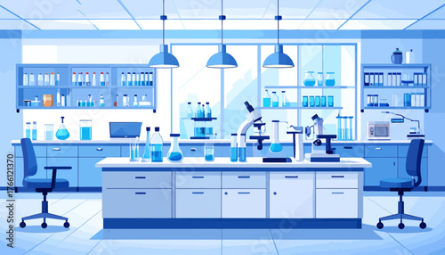 Chemistry laboratory flat color vector illustration. Science lab, pharmaceutical research center 2D cartoon interior design with medical equipment on background. Modern medical institution decor

