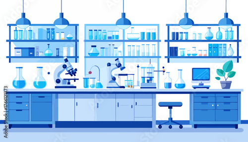 Chemistry laboratory flat color vector illustration. Science lab, pharmaceutical research center 2D cartoon interior design with medical equipment on background. Modern medical institution decor

