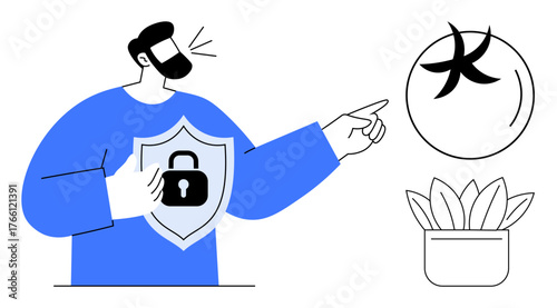 Man wearing blue holding shield with lock symbol, pointing at abstract circular element next to potted plant. Ideal for security, protection, safety, privacy, trust, strategy, simple flat metaphor