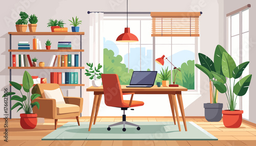 Corporate office flat color vector illustration. Business company CEO workplace 2D cartoon interior design with furniture on background. Professional freelancer workspace, modern apartment decor