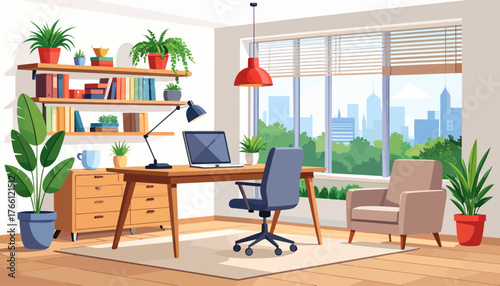 Corporate office flat color vector illustration. Business company CEO workplace 2D cartoon interior design with furniture on background. Professional freelancer workspace, modern apartment decor