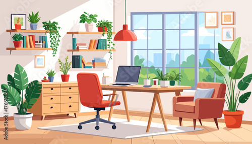 Corporate office flat color vector illustration. Business company CEO workplace 2D cartoon interior design with furniture on background. Professional freelancer workspace, modern apartment decor