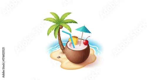 Tropical Bliss: Coconut Cocktail on a Sandy Island with Palm Tree