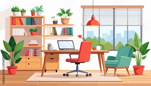 Corporate office flat color vector illustration. Business company CEO workplace 2D cartoon interior design with furniture on background. Professional freelancer workspace, modern apartment decor