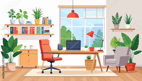 Corporate office flat color vector illustration. Business company CEO workplace 2D cartoon interior design with furniture on background. Professional freelancer workspace, modern apartment decor