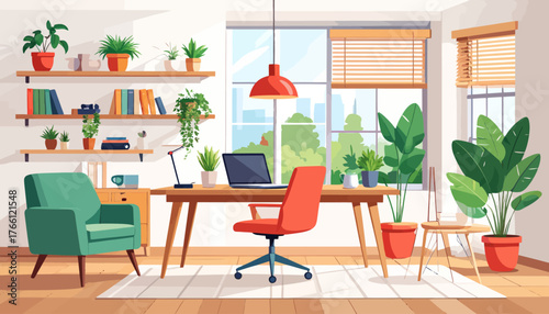 Corporate office flat color vector illustration. Business company CEO workplace 2D cartoon interior design with furniture on background. Professional freelancer workspace, modern apartment decor