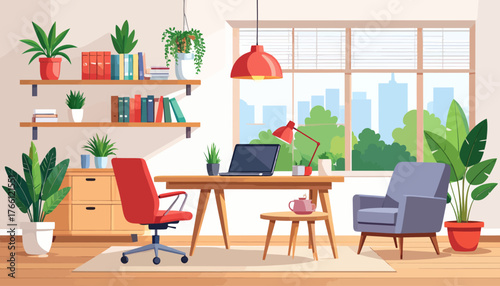 Corporate office flat color vector illustration. Business company CEO workplace 2D cartoon interior design with furniture on background. Professional freelancer workspace, modern apartment decor