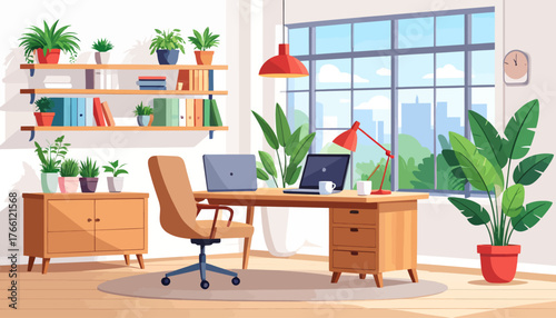Corporate office flat color vector illustration. Business company CEO workplace 2D cartoon interior design with furniture on background. Professional freelancer workspace, modern apartment decor