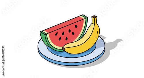 Digital illustration of watermelon slice and banana on a layered plate