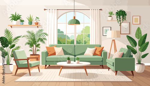 Sage green and pink contemporary living room flat color vector illustration. Spacious modern house. Fully editable 2D simple cartoon interior with apartment furniture and accessories on background
