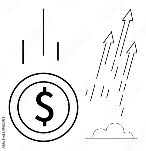 Dollar coin falling and arrows pointing upwards with a cloud, symbolizing financial growth, investment returns, and economic improvement. Ideal for business, finance, success, progress, economy