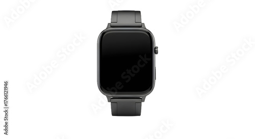 Front view of a generic black smartwatch with a blank screen, isolated on a solid white background, perfect for technology mock-ups and design templates
