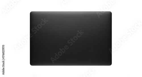 Sleek dark laptop computer shown from the top with the lid closed, isolated on a clean white background, a minimalist template for technology mockups