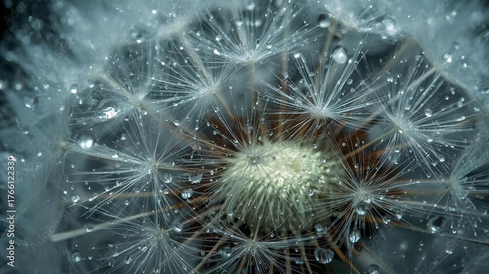 Obraz premium Dandelions with drops close up