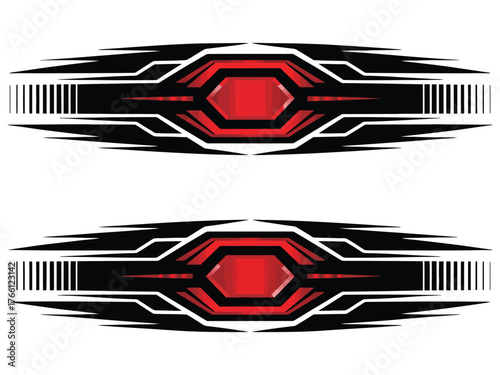 Futuristic red and black racing stripe design — modern vehicle decal, speed line graphic, automotive wrap element for car, bike, or motorsport customization 