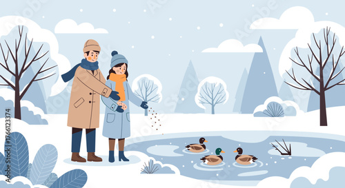 Couple feeding ducks by frozen pond in winter park for romantic outdoor activity and seasonal illustration